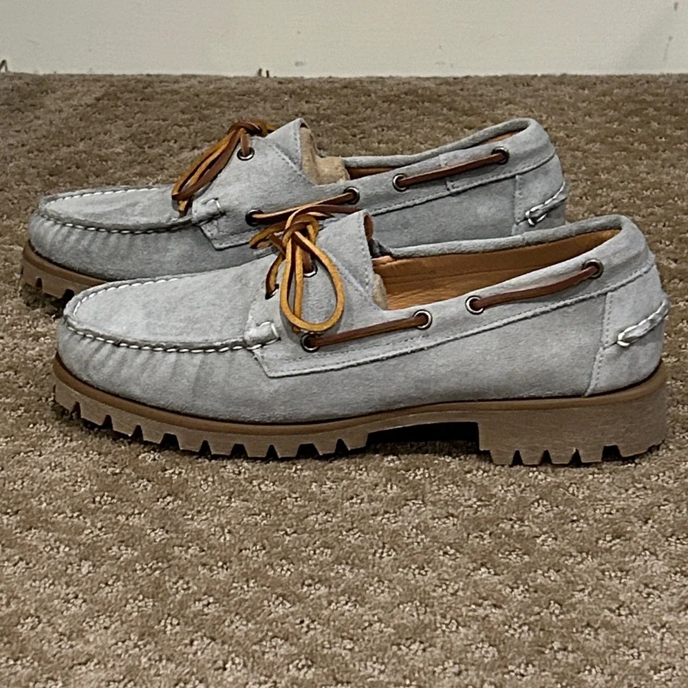 NWOT Froats Men’s Gray Nubuck Leather & Brown Lug Sole Boat Shoes Size 10.5